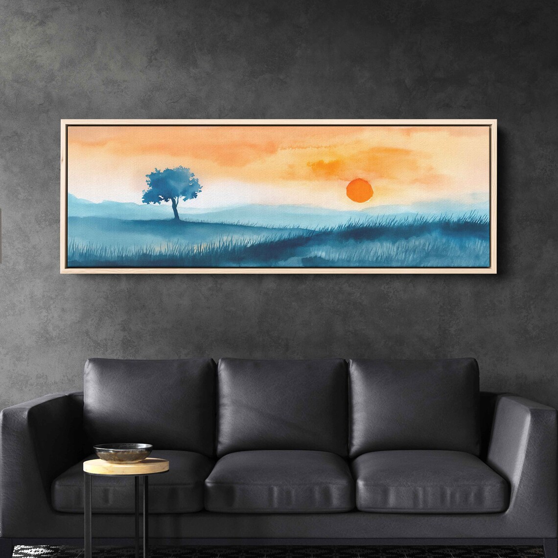 Panoramic Minimalist Watercolor Painting Single Tree In Valley At Sunset Wall Art Print Ready To Hang - Image 3