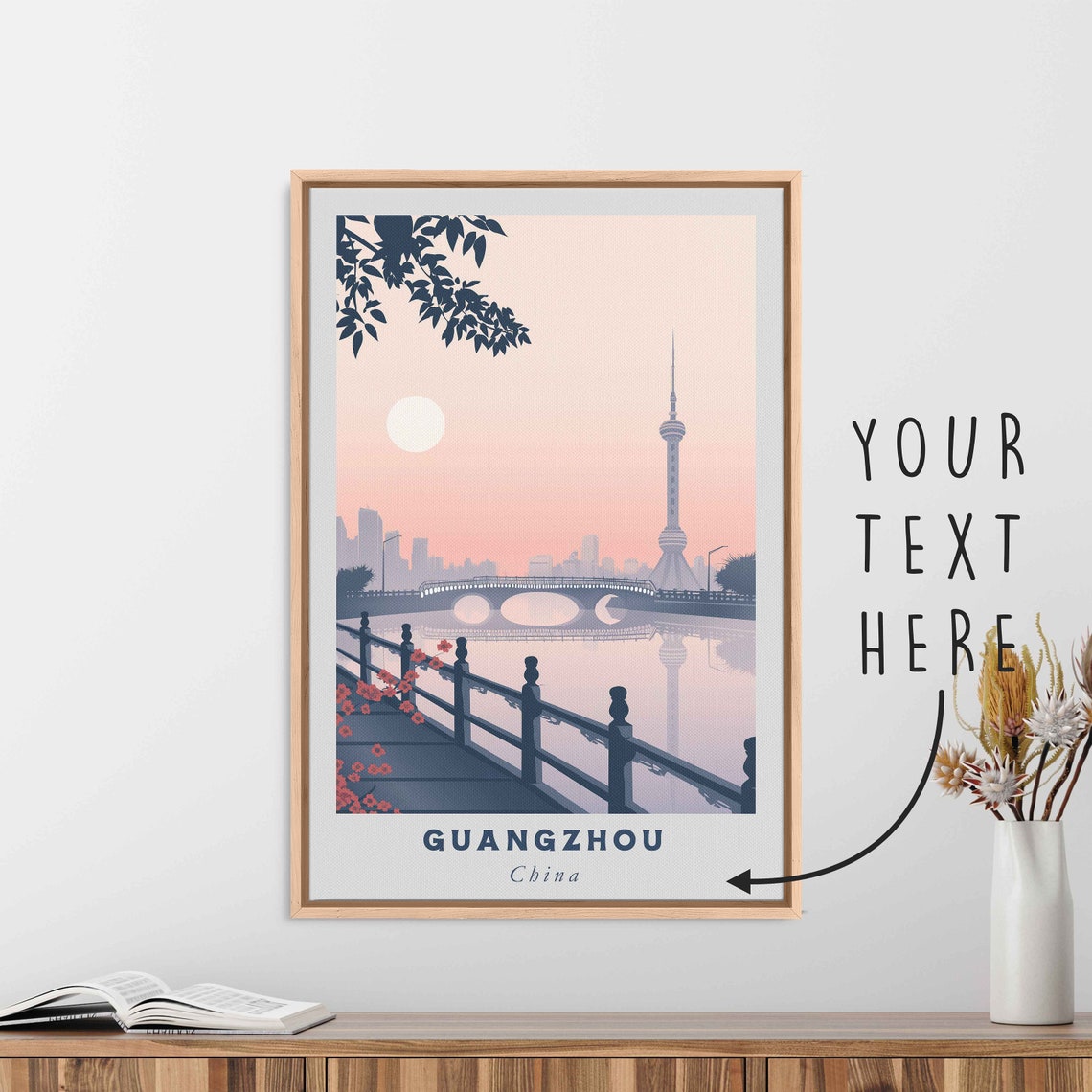 Guangzhou China Canton Tower Riverside Sunset Minimalist Travel Poster