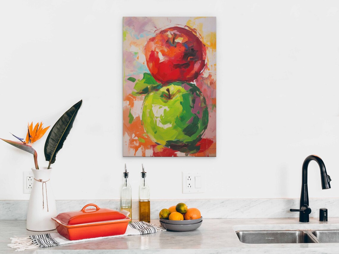 Apples Vintage Oil Painting Gouache Fruit Art Print On Ready To Hang Kitchen Decor - Image 2
