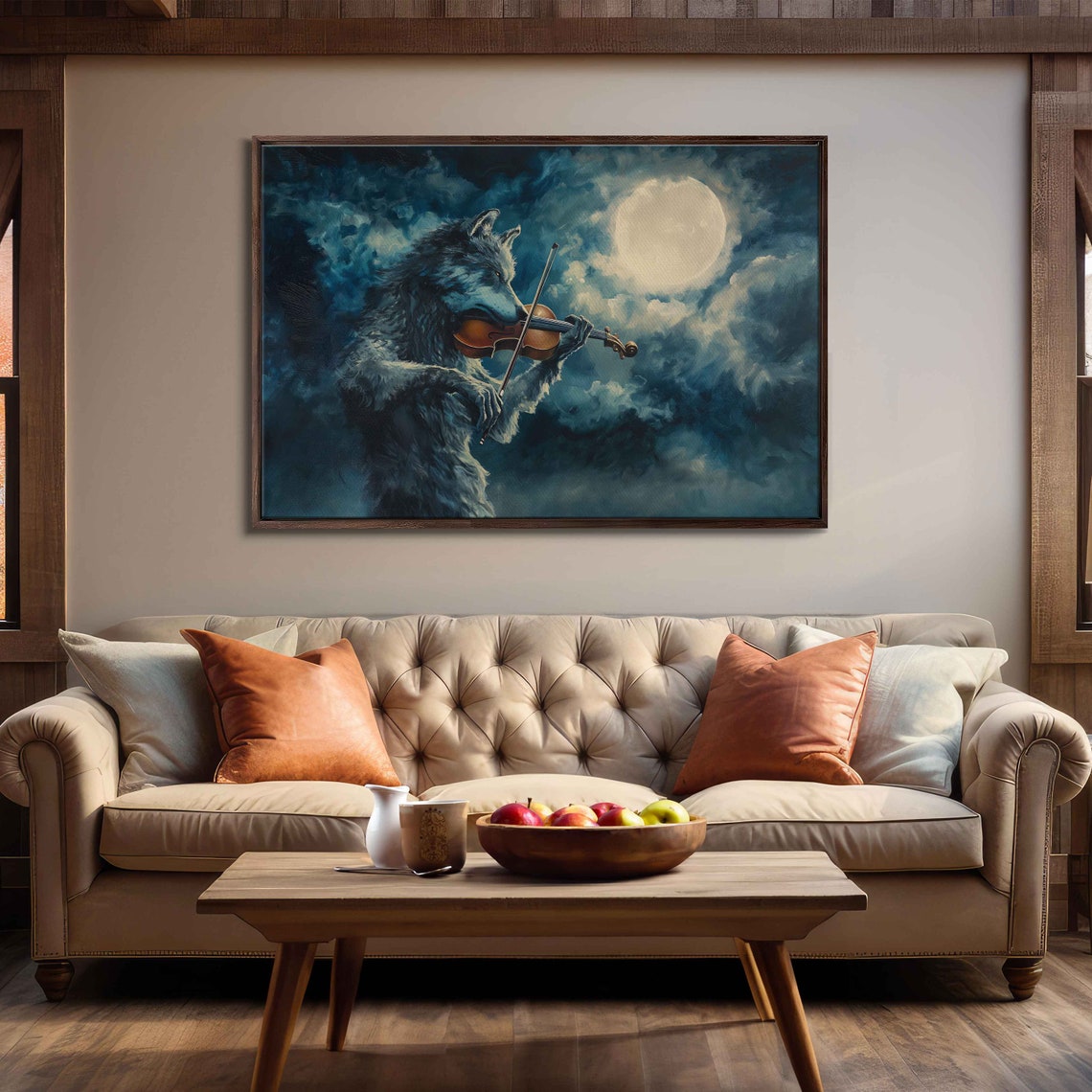 Mystical Wolf Playing Violin Under Full Moon Night Sky Poster