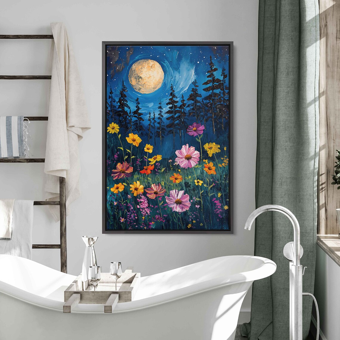 Full Moon Wildflower Meadow Pine Forest Night Sky Bloom Painting Poster - Image 3