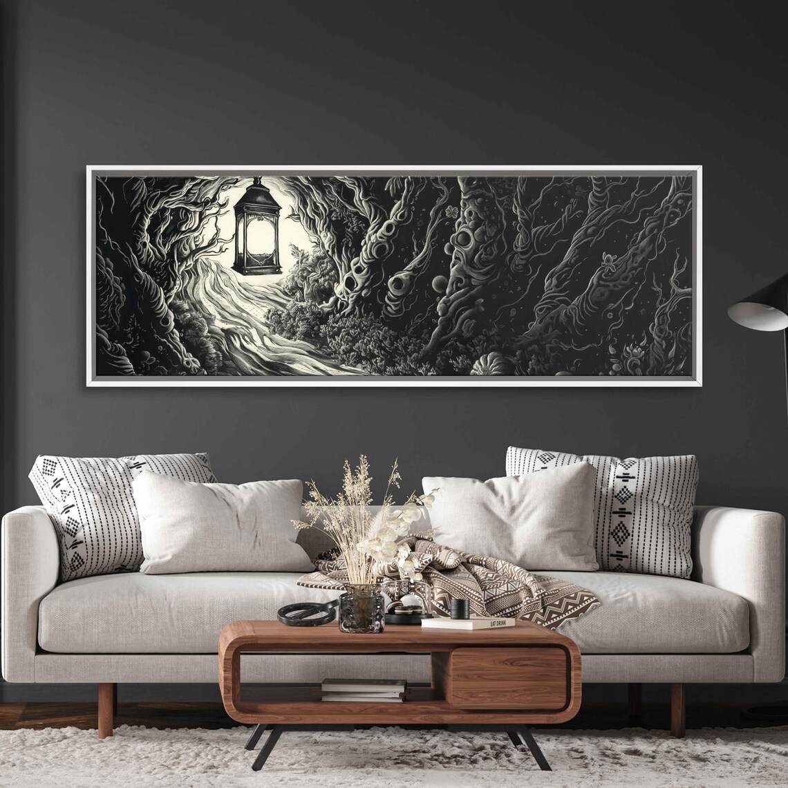 Gothic Lantern in Dark Twisted Forest Glowing Path Ink Halloween Poster