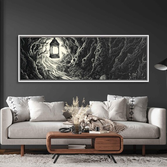 Gothic Lantern in Dark Twisted Forest Glowing Path Ink Halloween Poster