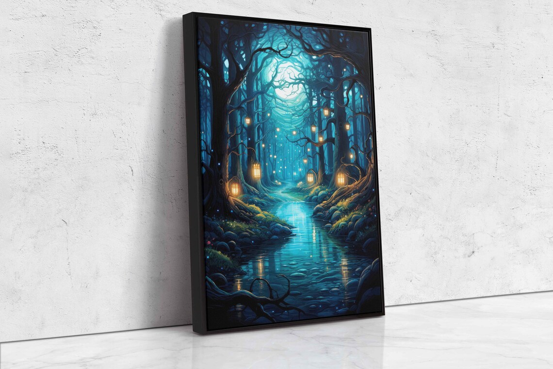 Enchanted Lantern Forest Winding Stream Magical Pond Fantasy Art Wall Art Print Ready To Hang - Image 4