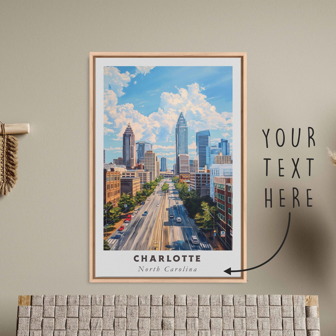Charlotte North Carolina Uptown Skyline Daytime Street Clouds Poster