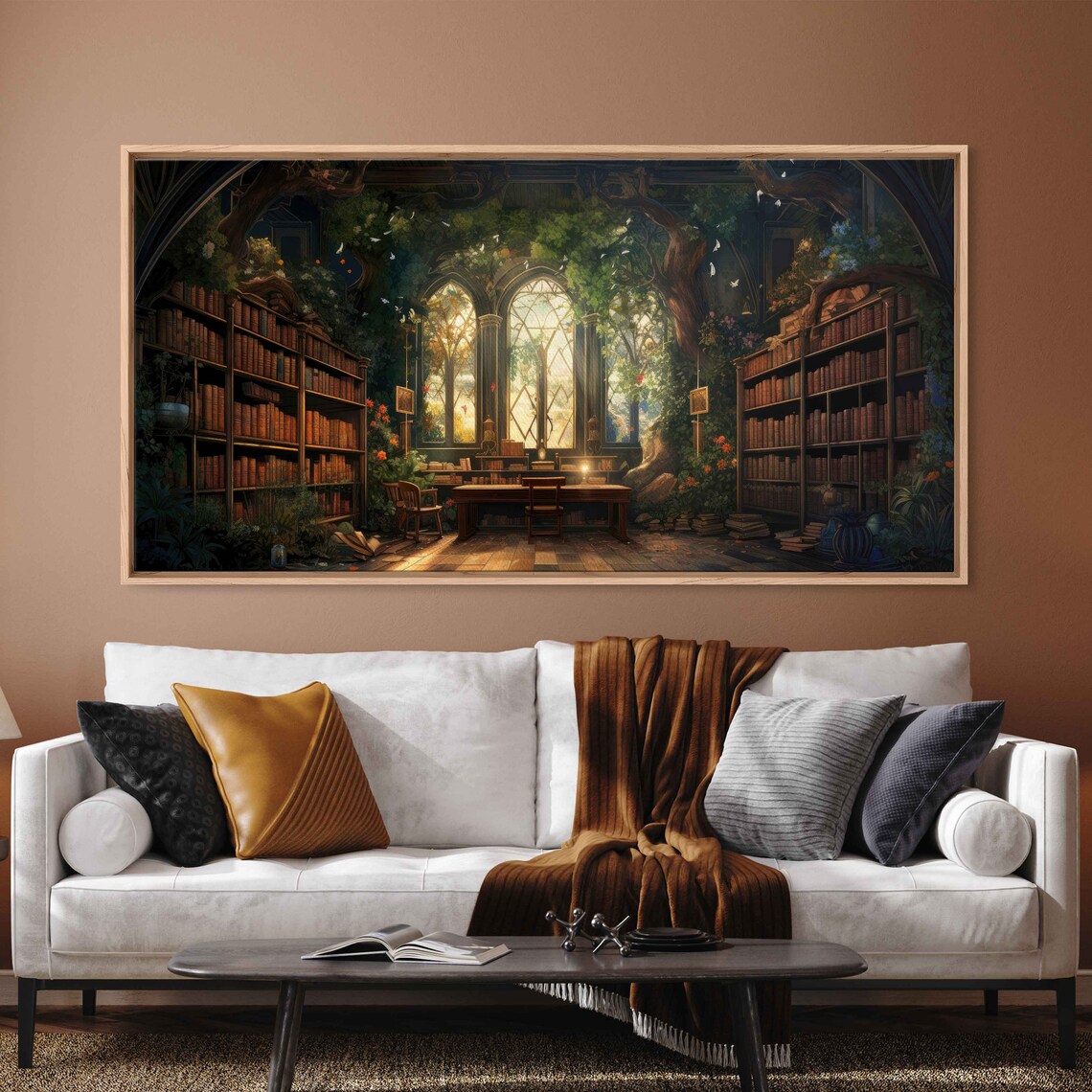 Magical Treehouse Library Interior Arched Windows Bookshelves Fantasy Print - Image 3