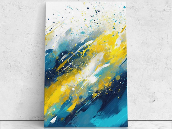Yellow Blue Abstract Splatter Painting Print On Ready To Hang Eclectic Abstract Trendy Wall Decor Bathroom Decor