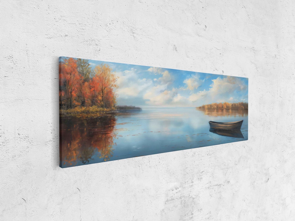 Rowboat On Peaceful Autumn Lake Cloudy Day Fall Reflection Poster - Image 4