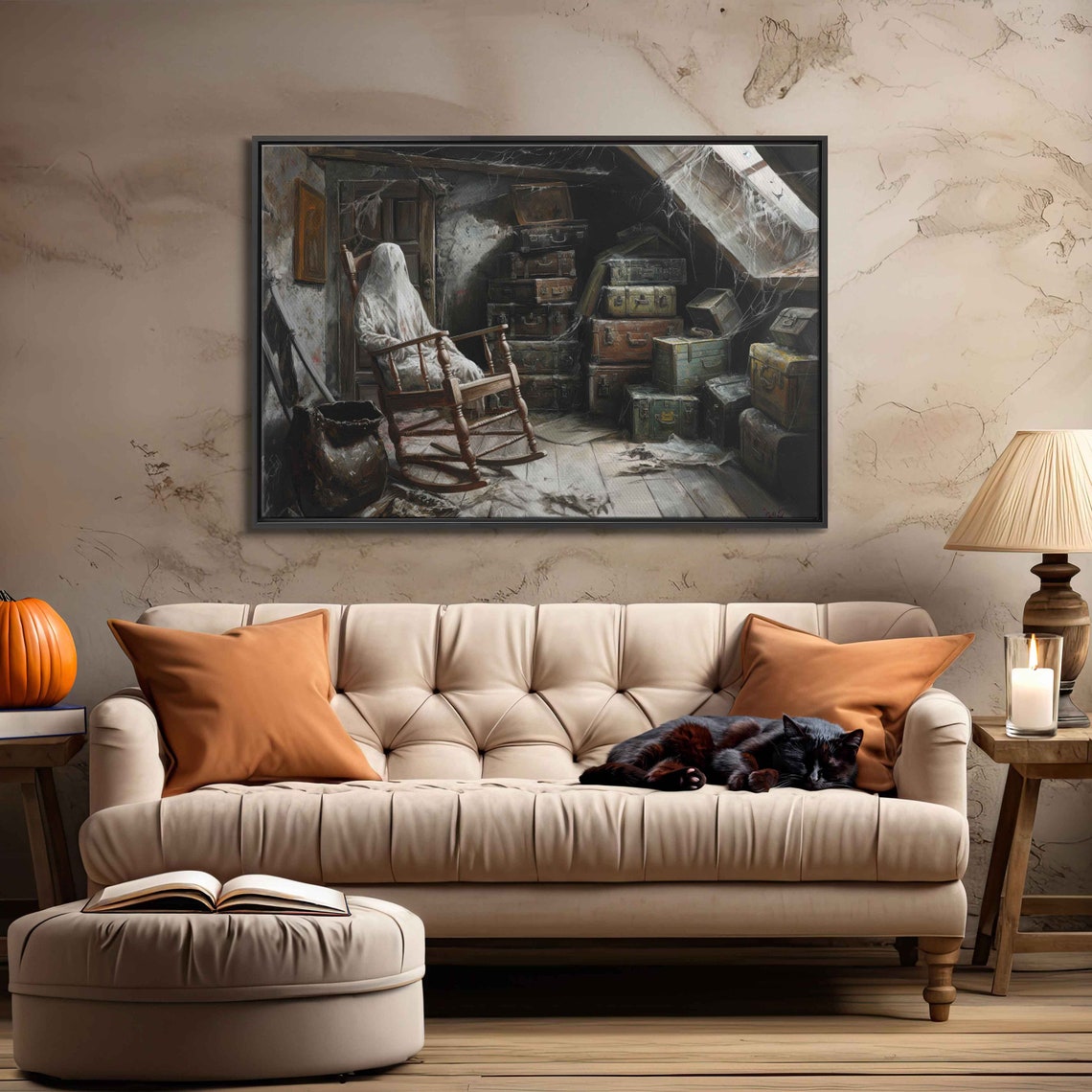Ghost In Rocking Chair Dusty Attic Old Suitcases Haunted House Print - Image 3