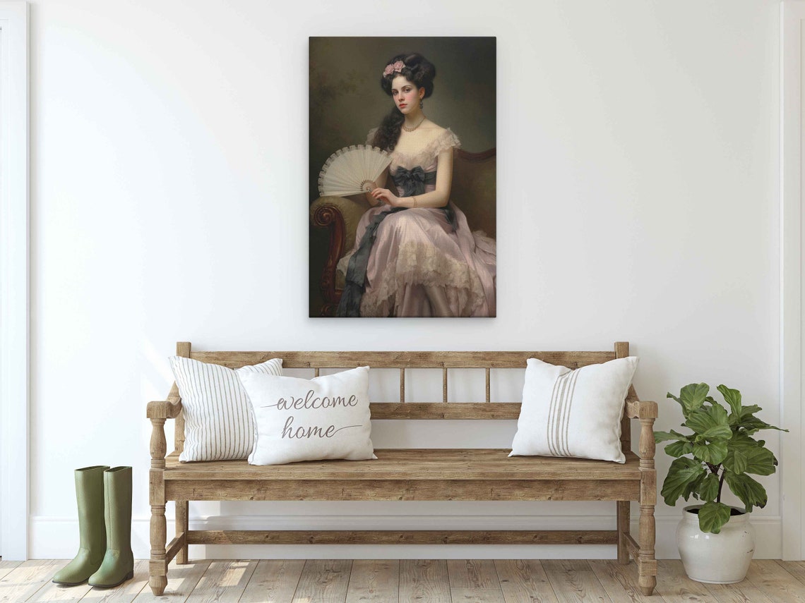 Vintage Lady Pink Dress Fan Classical Portrait Elegant Wall Art - Image 2