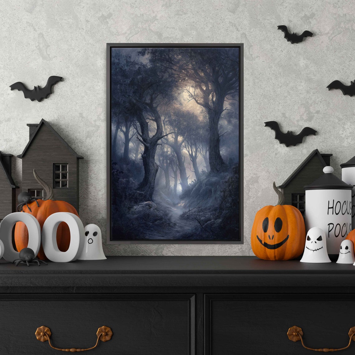 Haunted Moonlit Forest Dense Canopy Ghostly Path Spooky Wall Art - Image 3