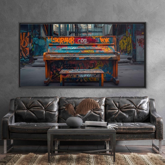 Urban Piano Covered In Vibrant Grafitti Wall Art Print Gift For Musician Abandoned Building Ready To Hang