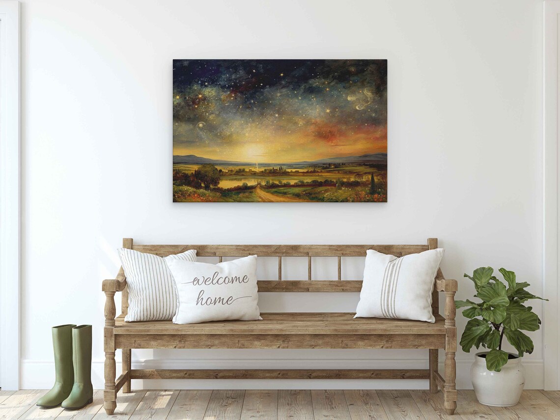 Starry Night Countryside Path Lake Warm Golden Sky Vintage Landscape Art Poster - Image 2
