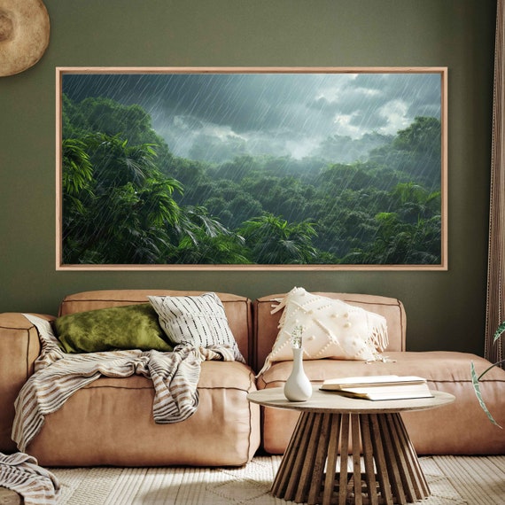 Heavy Rainfall Over Rainforest Wall Art Print Lush Jungle Landscape Monsoon Season Tropical Climate Dark Skies Ready To Hang