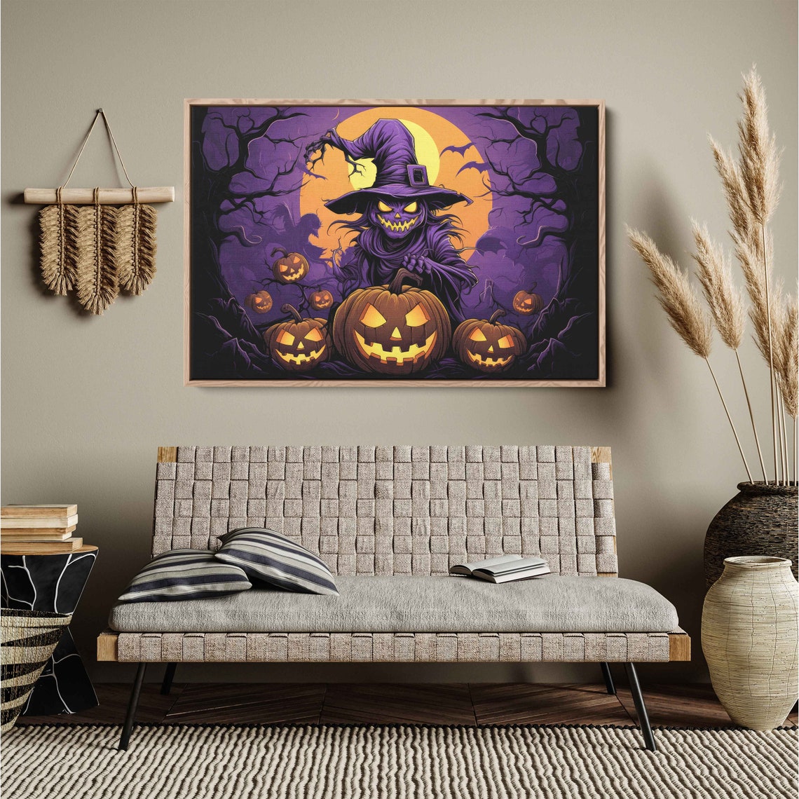 Scary Witch Jack O Lanterns Orange Moon Haunted Night Wall Art - Image 4