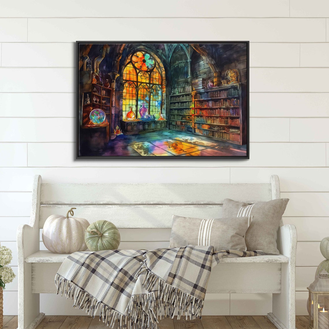 Witches Library Stained Glass Window Moonlight Books Watercolor Art - Image 3