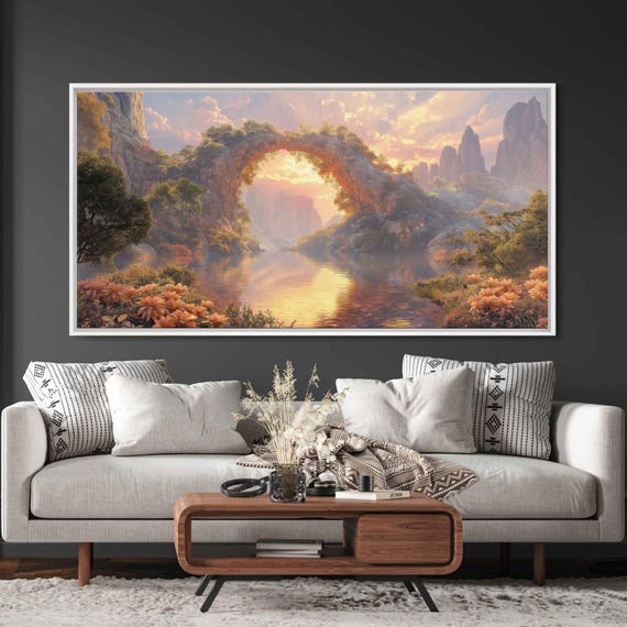 Mystical Rock Arches Over Tranquil Lake Art Print