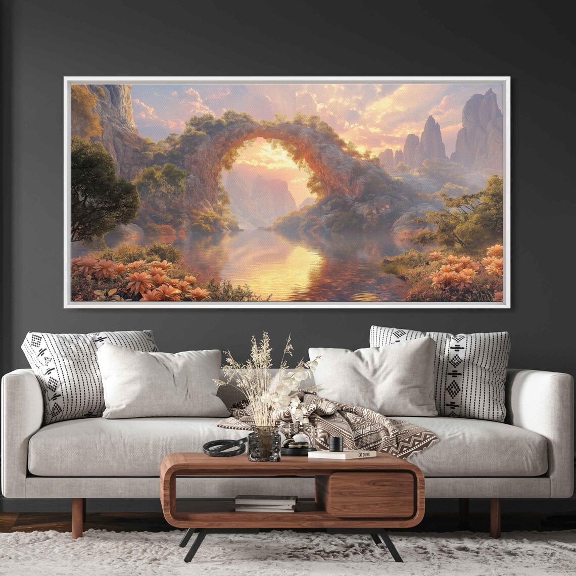 Mystical Rock Arches Over Tranquil Lake Art Print
