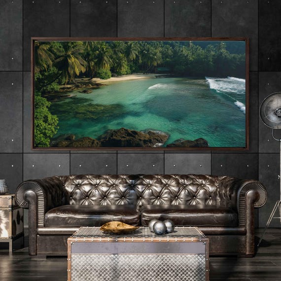Tropical Surf Scene With Sandy White Beach Wall Art Print Gift For Surfer Palm Trees Ocean Art Ready To Hang