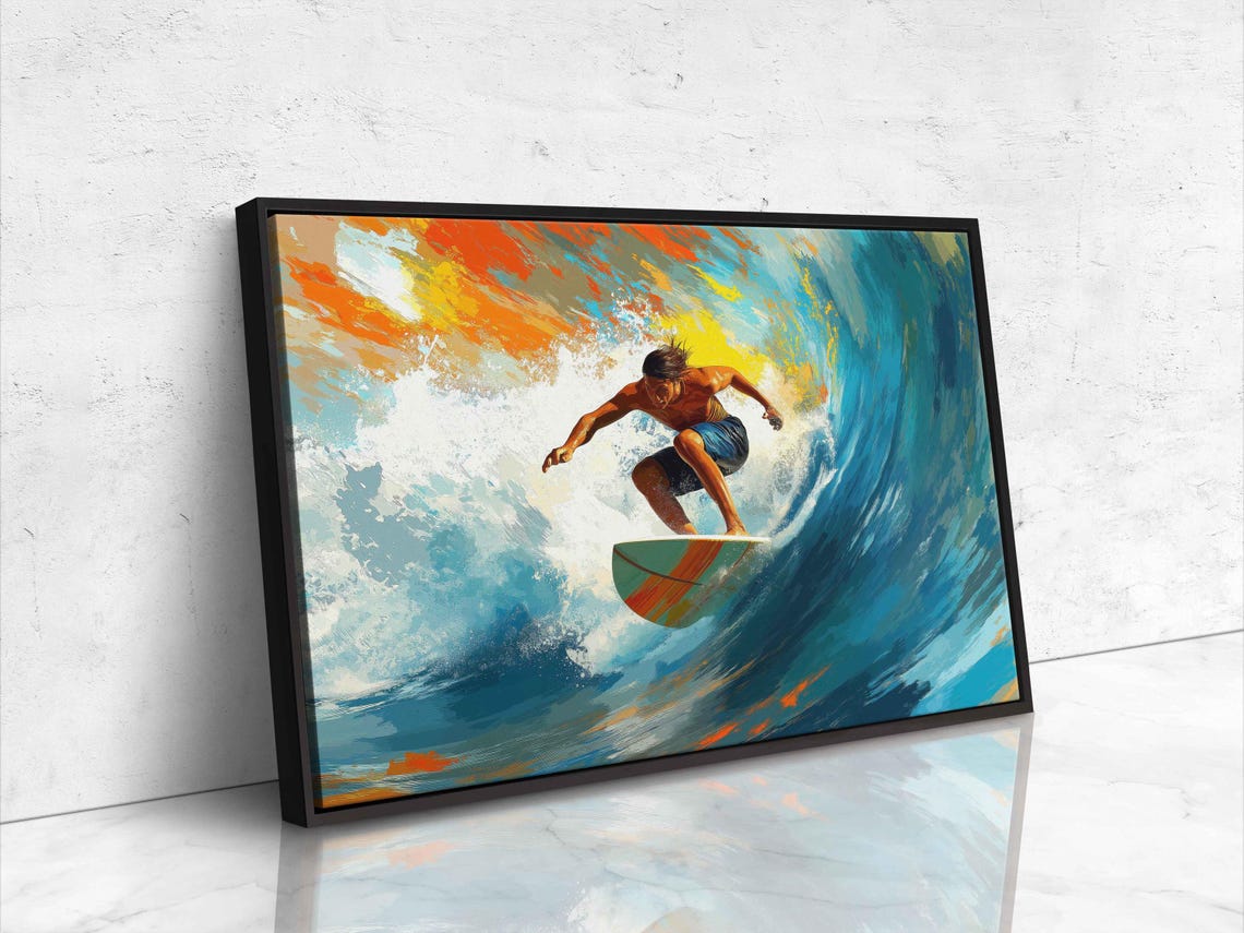 Surfer Catching Wave During Sunset Wall Art Print Gift For Surfer Blue Water Vibrant Colors Ready To Hang - Image 4