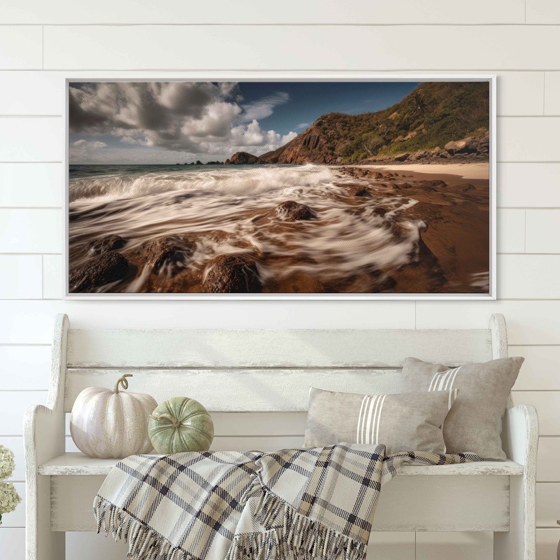 Ocean Waves Crashing Over Rocky Shoreline Long Exposure Beach Poster - Image 3