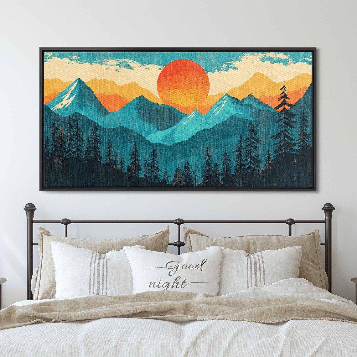 Woodcut Sunset Over Mountain Range And Forest Wall Art Print Nature Lover Outdoors Scenery Gift For Hiker Ready To Hang