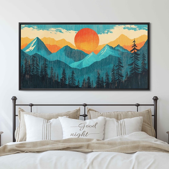 Woodcut Sunset Over Mountain Range And Forest Wall Art Print Nature Lover Outdoors Scenery Gift For Hiker Ready To Hang
