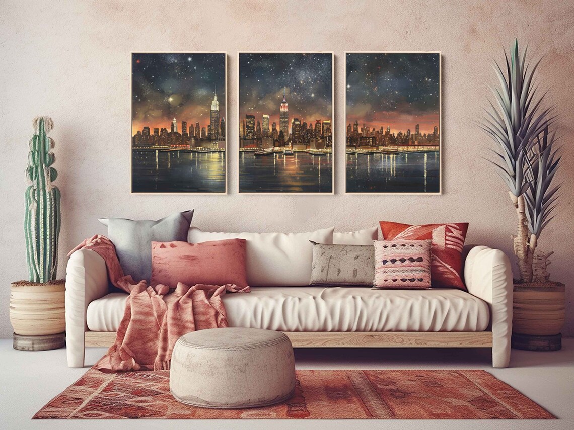 New York City Skyline Starry Night Over Hudson Empire State View Poster - Image 4