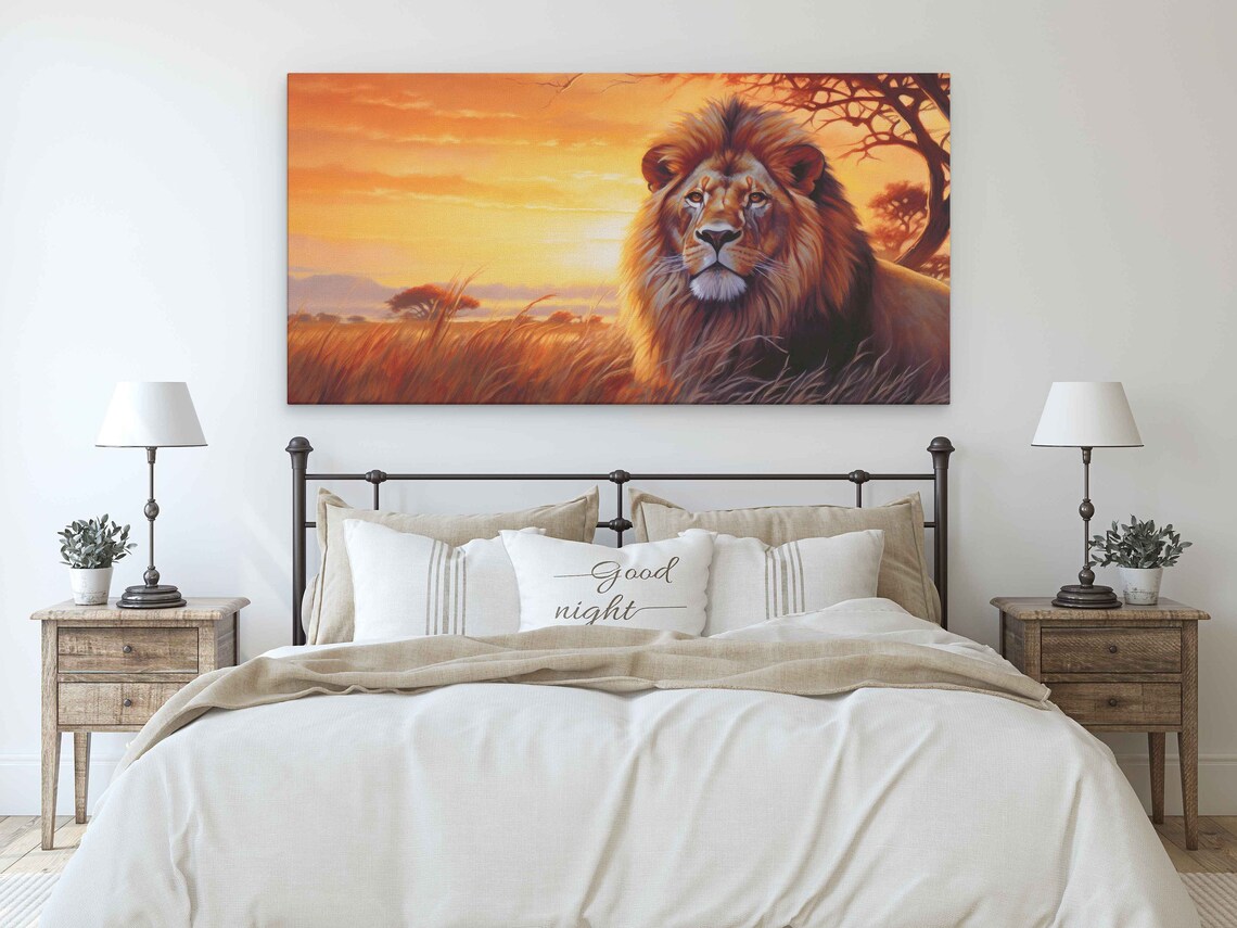 Male Lion Portrait Golden Grass Sunset Glow African Wildlife Wall Art - Image 3
