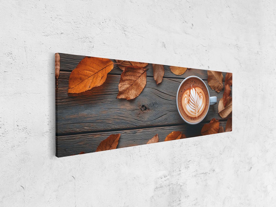 Latte Art Cup On Dark Rustic Wood Among Amber Leaves Photo Print - Image 4