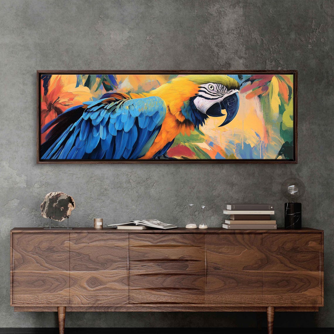 Blue Yellow Macaw Tropical Parrot Colorful Panoramic Wall Art Print