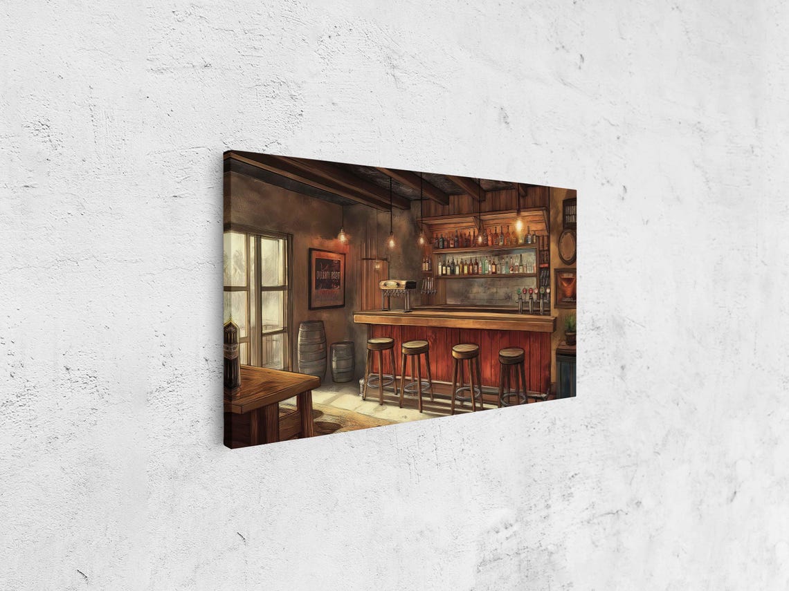 Rustic Pub Interior Wooden Bar Stools Barrels Warm Glow Poster - Image 4