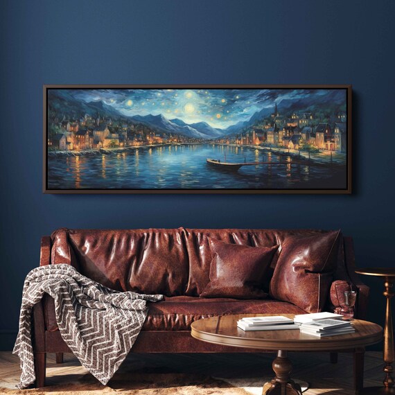 Starry Night River Town Van Gogh Style Oil Painting Night Sky Poster