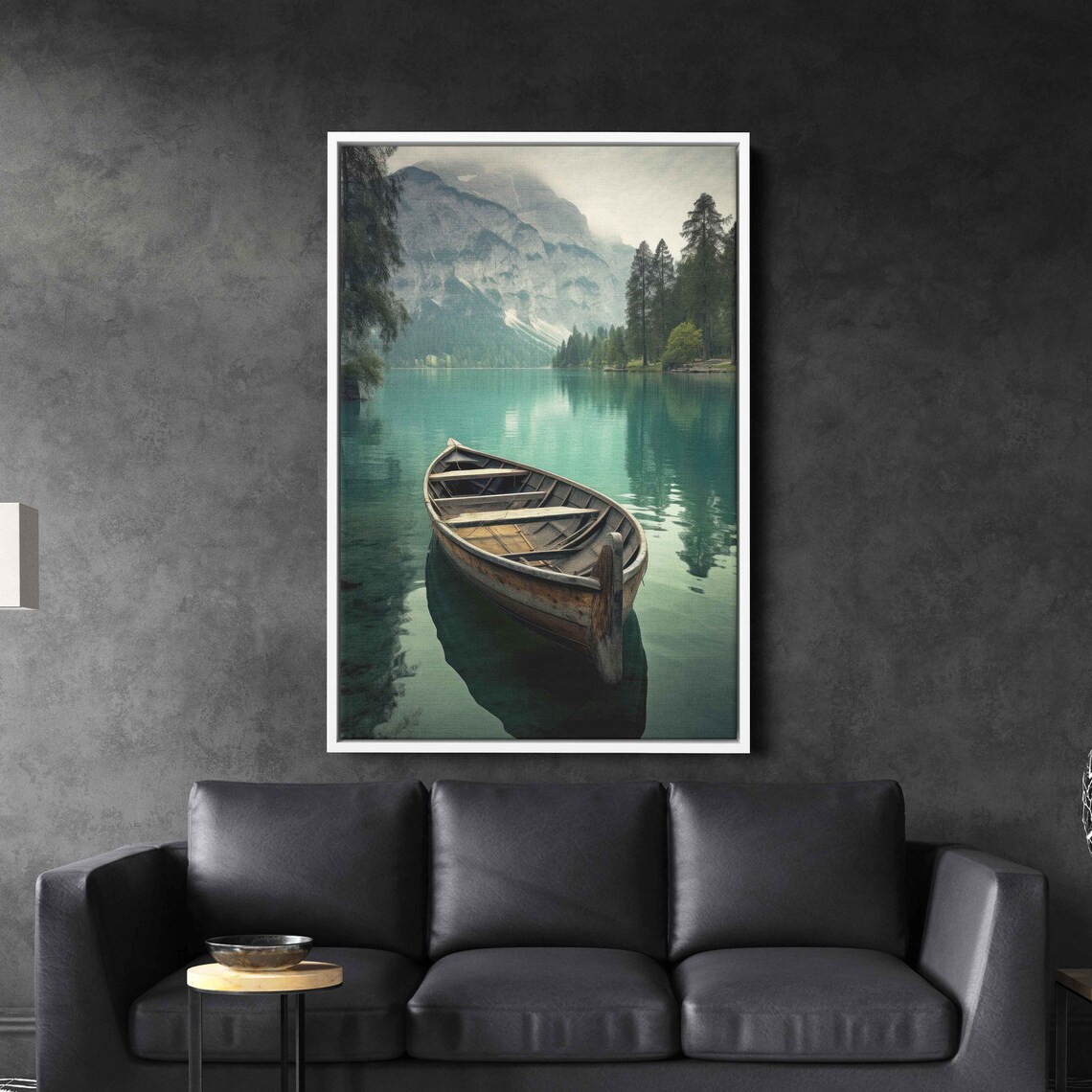 Rustic Boat On Lake Wall Art Print Peaceful Nature Flowing River Olden Canoe Mountain Range Ready To Hang - Image 3