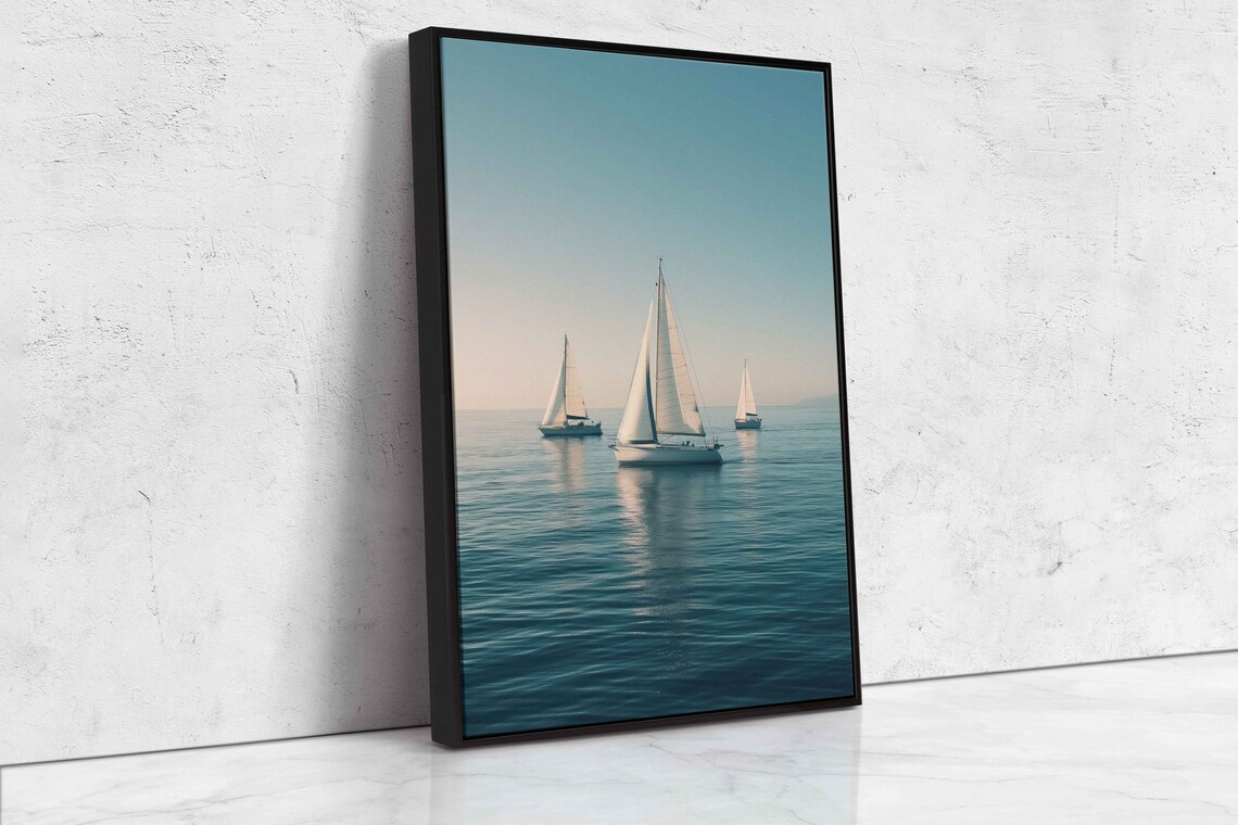 Three Sailboats Calm Blue Sea Golden Light Serene Nautical Travel Poster - Image 4