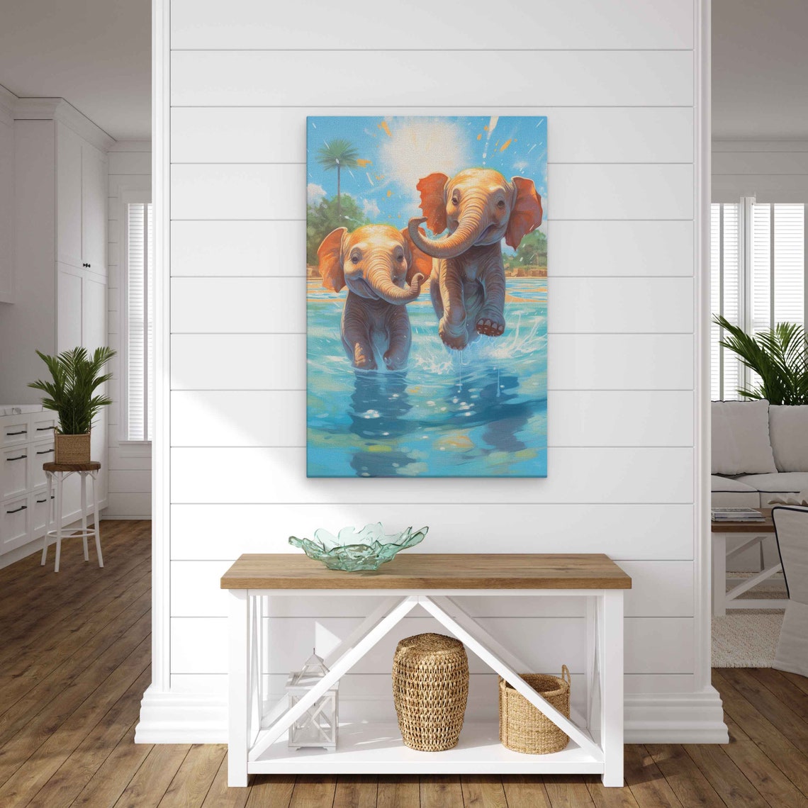 Two Baby Elephants Playing Turquoise Water Cute Wildlife Print - Image 3