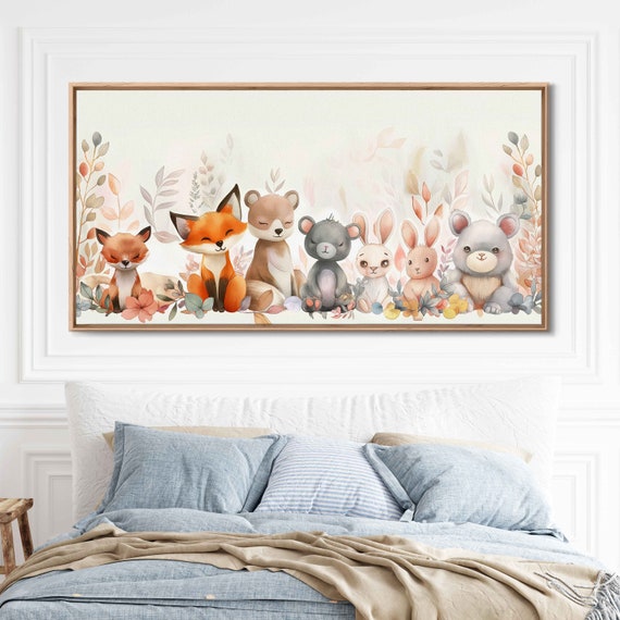 Adorable Baby Animals Lined Up In Row Watercolor Wall Art Print Gift For Kid Nursery Painting Ready To Hang