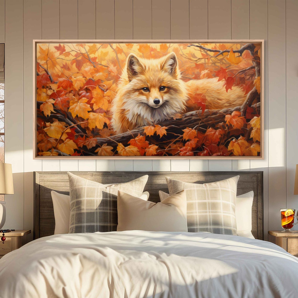 Fox on Branch Golden Autumn Leaves Wildlife Panoramic Wall Art - Image 3