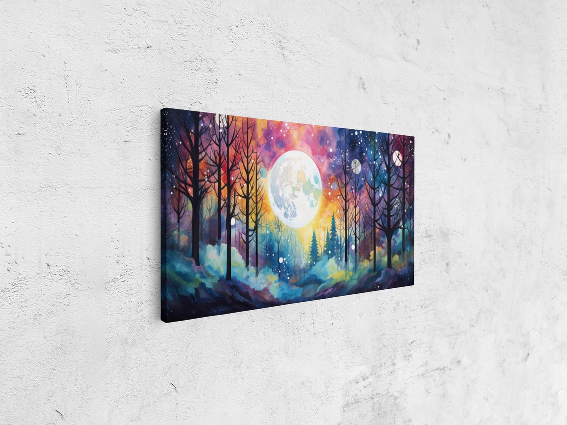 Colorful Moonlit Forest Full Moon Watercolor Night Trees Wall Art - Image 4