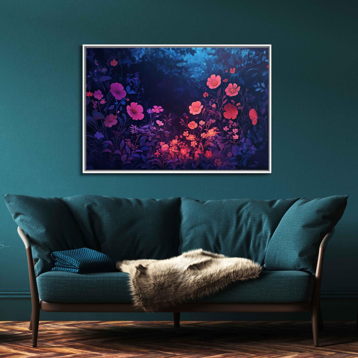 Neon Pink Flowers Twilight Garden Dark Blue Bloom Painting Poster