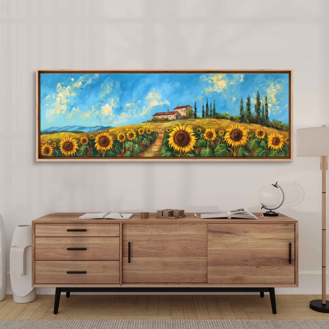 Tuscan Sunflower Field Hill Farmhouse Cypress Trees Blue Sky Art - Image 3