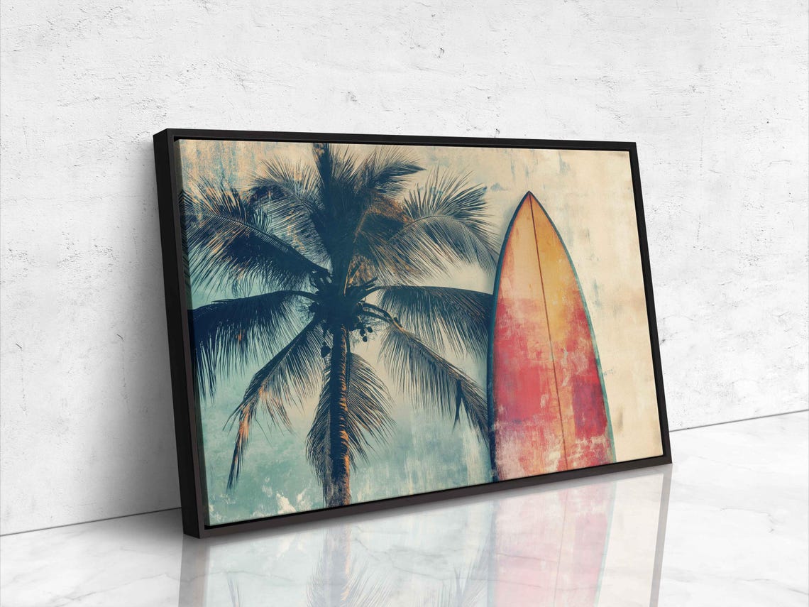 Vintage Surfboard On Sandy Beach Wall Art Print Beach Life Tropical Island Gift For Surfer Palm Trees Ready To Hang - Image 4