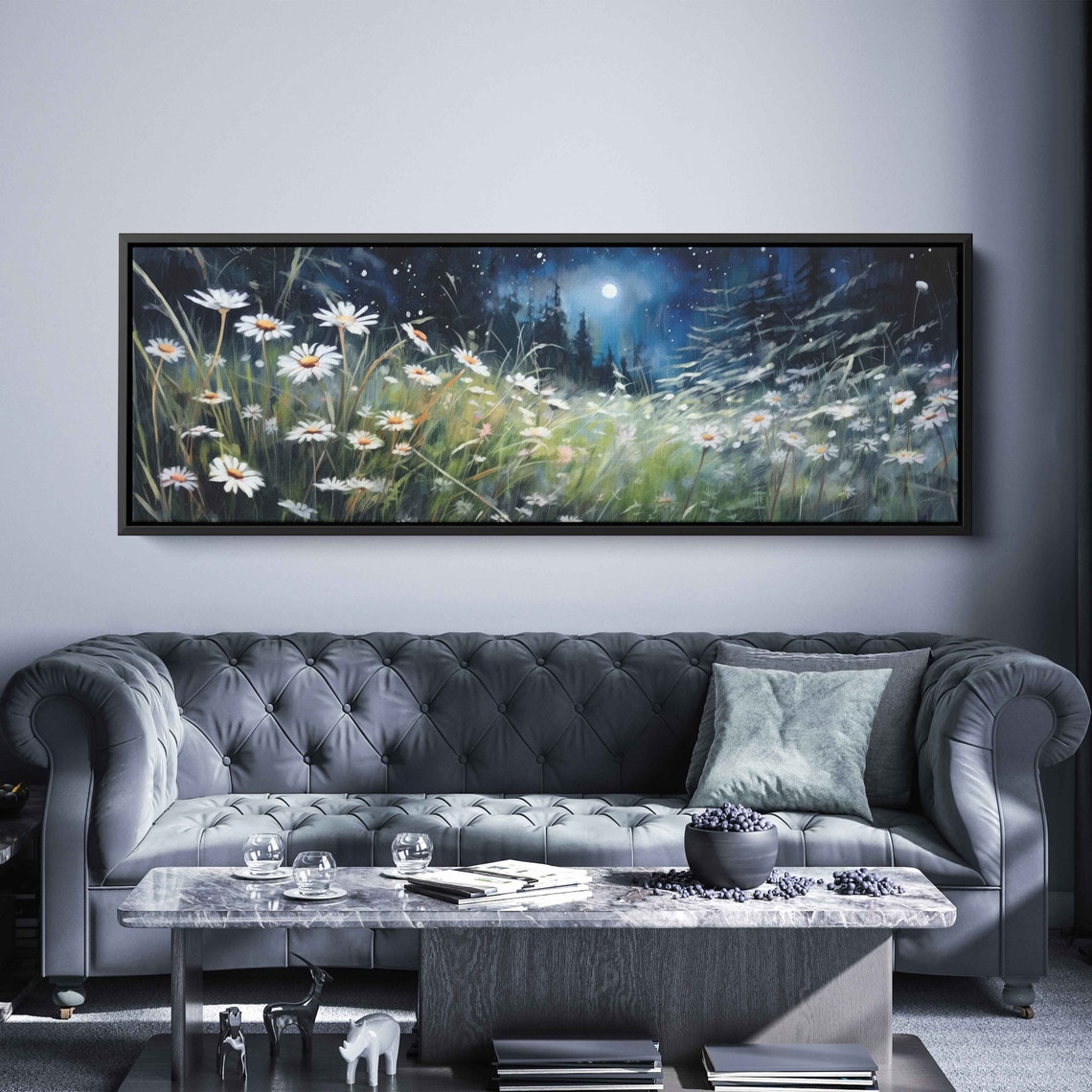 Wild Daisies Moonlit Meadow Night Panoramic Flower Field Art Print - Image 2