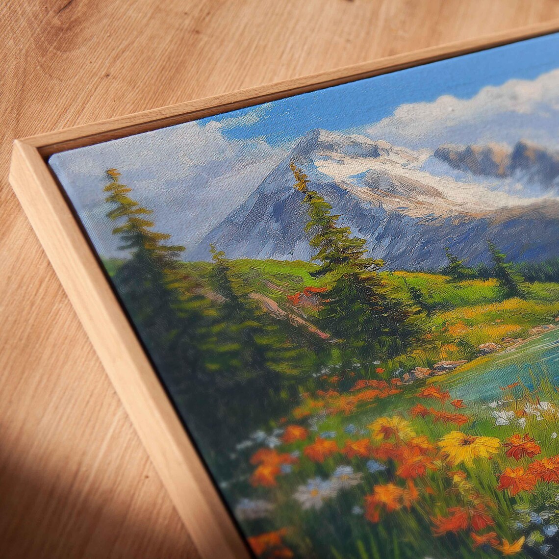 Snowcapped Mountains Above Wildflower Lake with Pine Trees Landscape Poster - Image 2