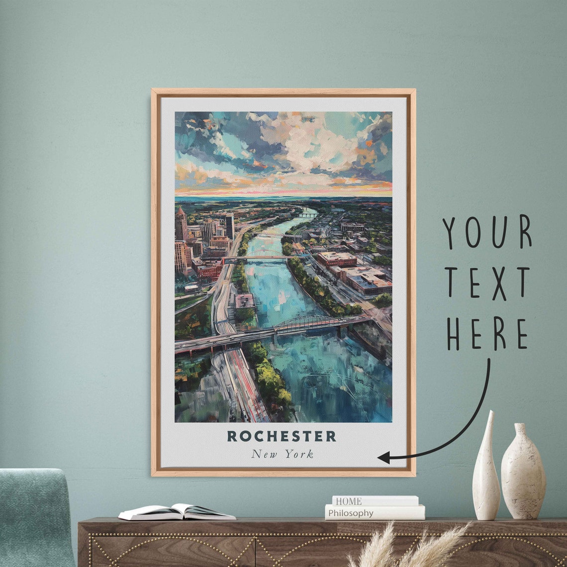 Rochester New York River Bridges Sunset Aerial Travel Poster
