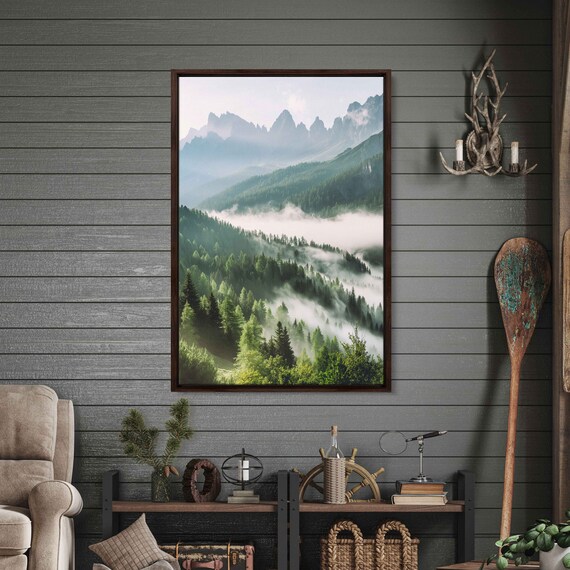 Sunlit Misty Forest Lush Greenery Mountain Ranges Cloudy Skies Wall Art Print Ready To Hang