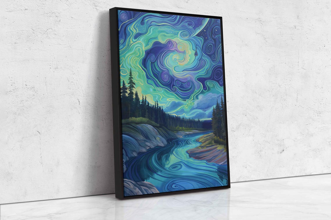 Swirling Green Aurora Over Winding River And Pine Forest Night Poster - Image 4