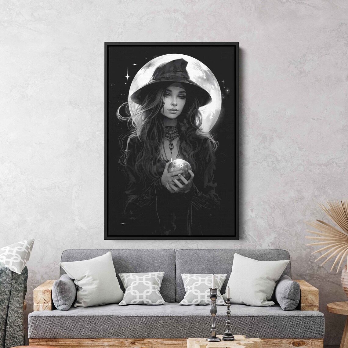 Witch Crystal Orb Full Moon Black White Gothic Halloween Portrait Art Print - Image 2