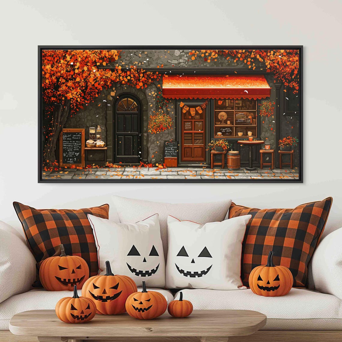Charming Coffee Shop Storefront Autumn Foliage Red Awning Fall Poster - Image 3