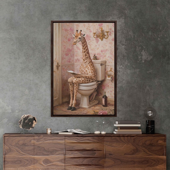 Giraffe Writing Letter On Toilet Pink Floral Vintage Bathroom Poster